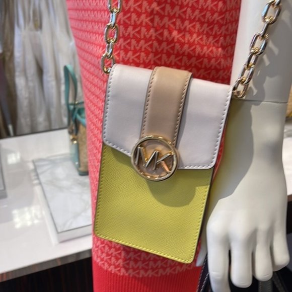 Michael Kors Carmen Small Color-Block Faux Leather Phone Crossbody Bag Sunshn - Picture 12 of 16